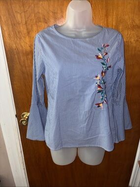 St. John's Bay Blue & White Striped Embroidered Bell Sleeve Top